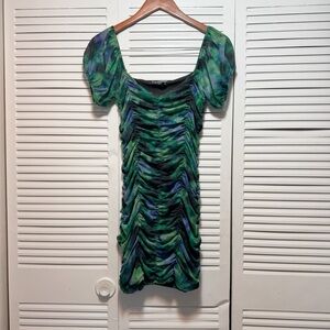 Stradivarius Deep Watercolor Green Blue Bodycon Dress Short Puff Sleeve Size S